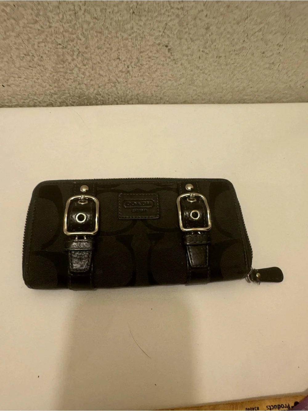 Coach Zoe Black Signature Zip-Around Wallet with Buckle Straps